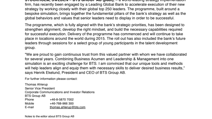 BTS Signs Agreement worth approximately 10 MSEK with a Leading Global Bank