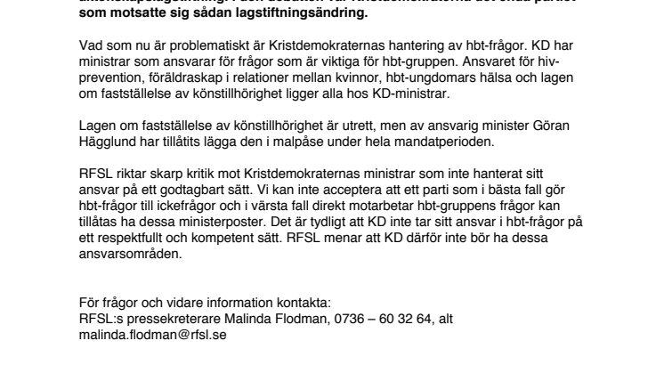 RFSL kan inte acceptera KD:s hantering av hbt-frågor