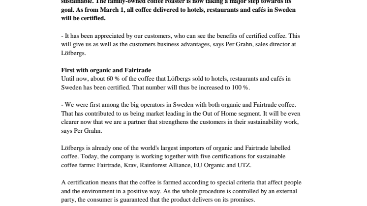 100 % sustainable coffee to restaurants and cafés 