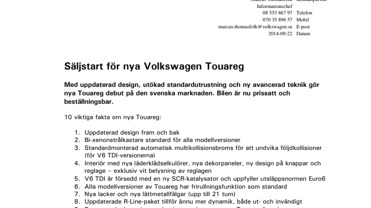 Säljstart för nya Volkswagen Touareg