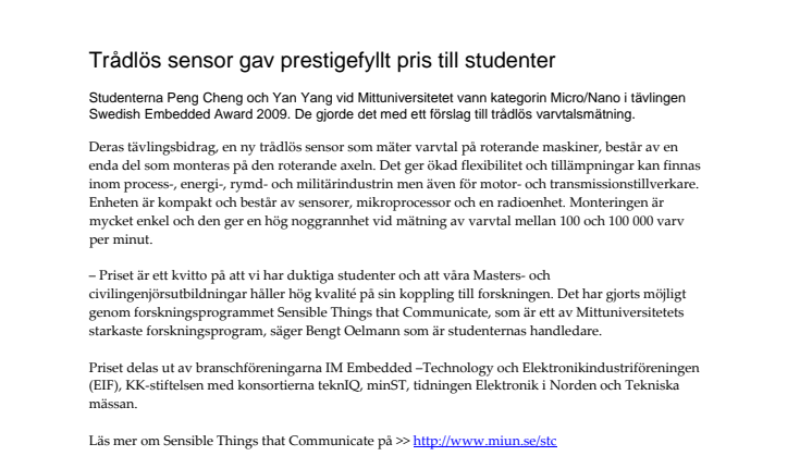 Trådlös sensor gav prestigefyllt pris till studenter