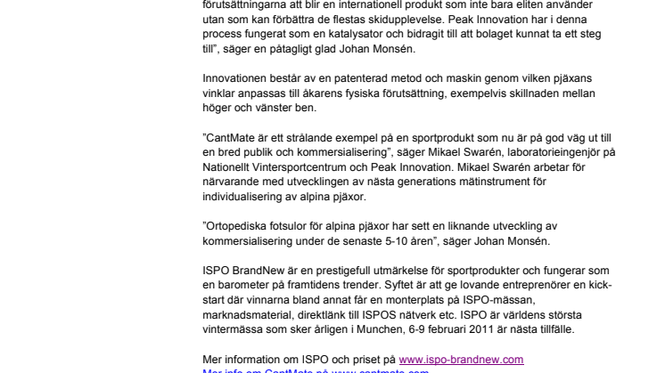 Åreinnovationen CantMate finalist på ISPO