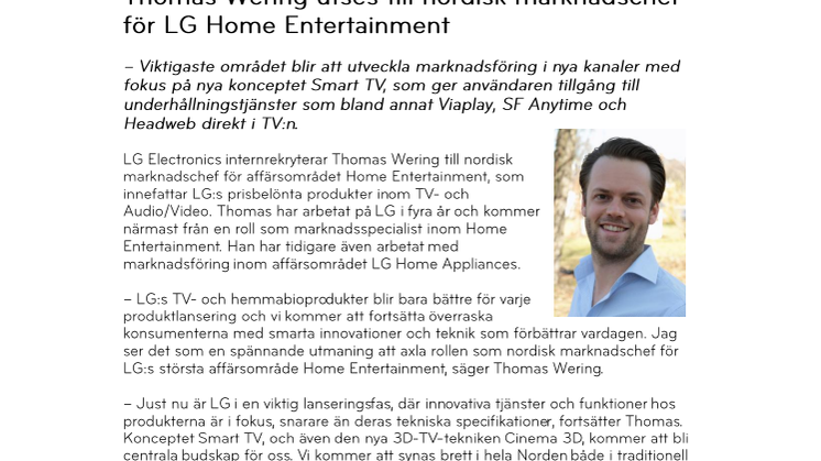 Thomas Wering utses till nordisk marknadschef för LG Home Entertainment