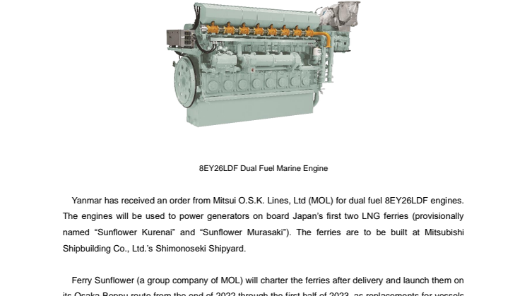 Yanmar Receives Order for 8EY26LDF Dual Fuel Engines to Power Japan’s First LNG Ferries