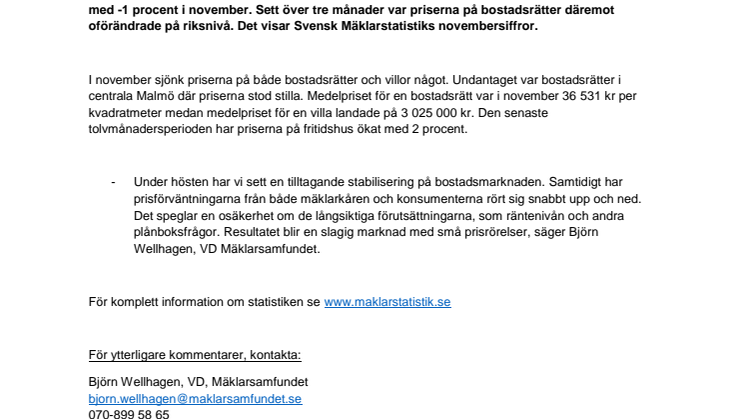 Kommentar till Svensk Mäklarstatistik: ”En slagig marknad med små prisrörelser.” 