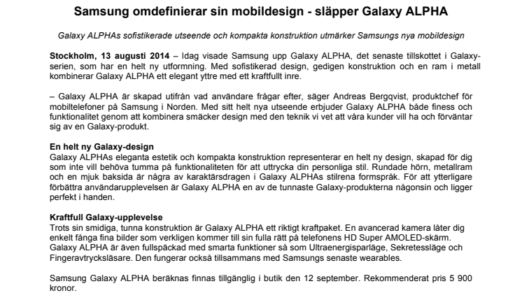 Samsung omdefinierar sin mobildesign - släpper Galaxy ALPHA
