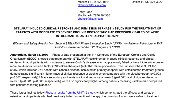 Ytterligare en fas 3-studie visar att Stelara® (ustekinumab) reducerar sjukdomsaktiviteten hos patienter med Crohns sjukdom