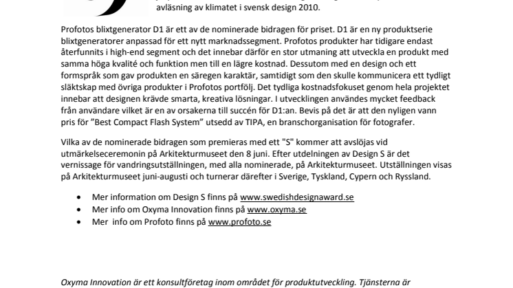 Oxyma Innovation och Profoto nominerade till utmärkelsen Design S 2010