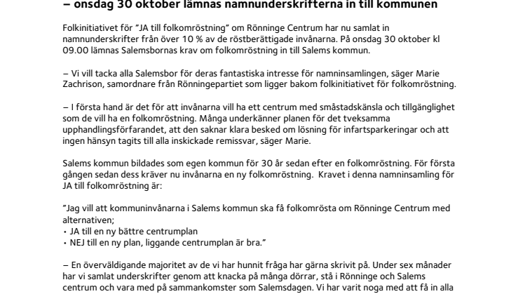 Salemsborna säger JA till folkomröstning om Rönninge Centrum