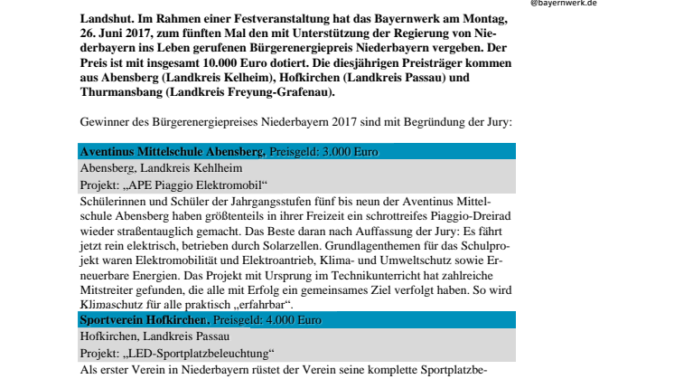 Bürgerenergiepreis Niederbayern 2017 verliehen