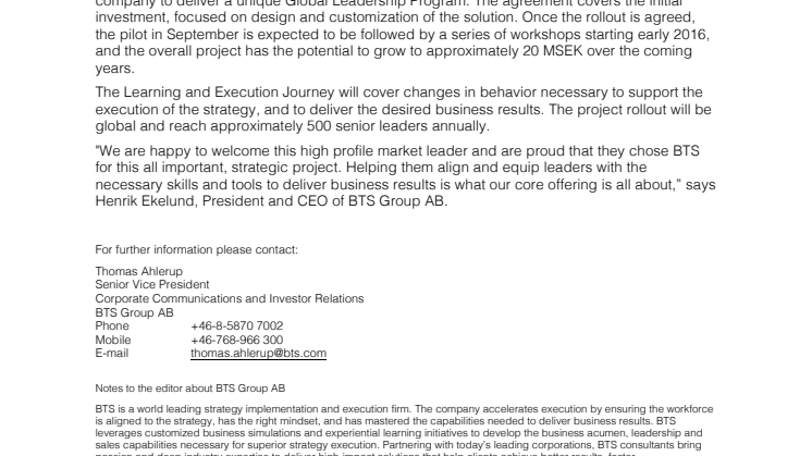 BTS Signs Agreement Worth at least 2.7 MSEK with a Leading Global Power and Automation Company