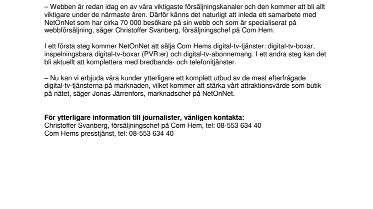 Com Hem och NetOnNet inleder samarbete på nätet