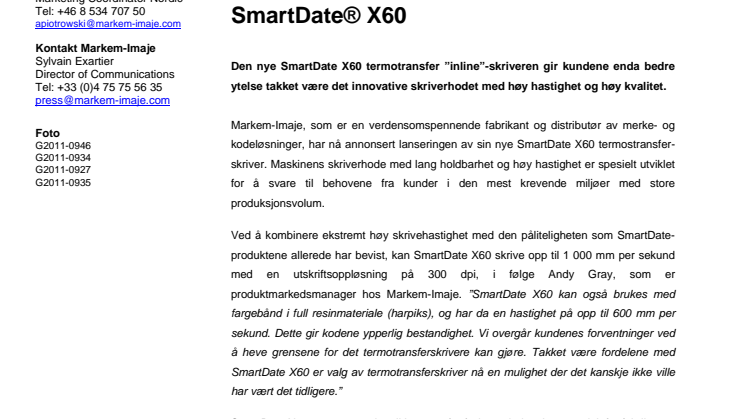 Markem-Imaje lanserer en termotransfer-skriver med enda bedre ytelser: nye SmartDate® X60