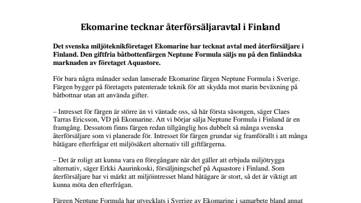 Ekomarine tecknar återförsäljaravtal i Finland