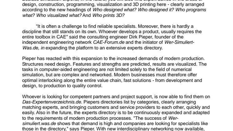CAE press release: Advanced Experts Directory provides concentrated competence in CAE