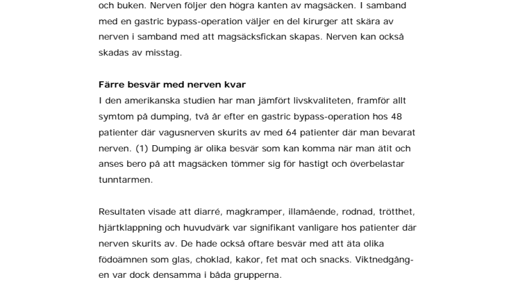 Bättre livskvalitet med bevarad vagusnerv efter fetmaoperation 