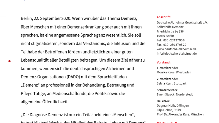 Über Demenz in angemessener Weise sprechen – Deutschsprachige Alzheimer- und Demenz-Organisationen veröffentlichen Sprachleitfaden
