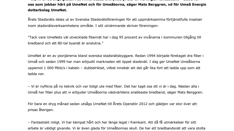 UmeNet prisas som Årets Stadsnät 2012