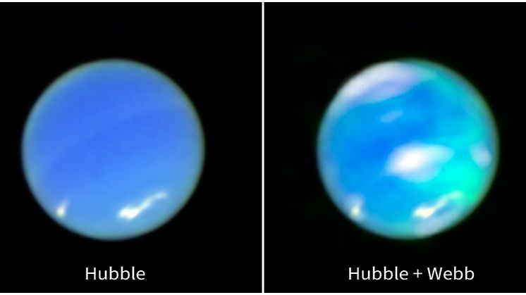 Neptune’s auroras as captured by the Hubble Space Telescope and James Webb Space Telescope.
