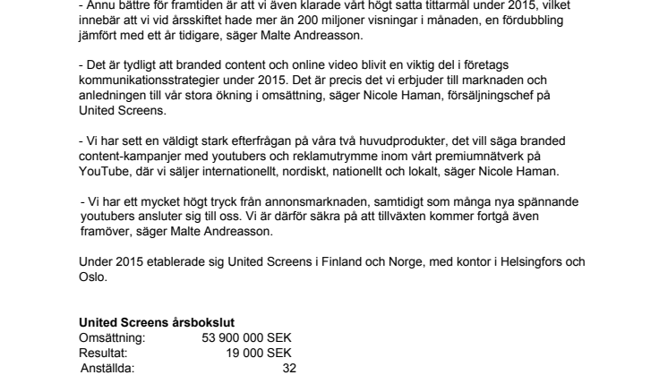 United Screens mer än dubblar omsättningen 2015 