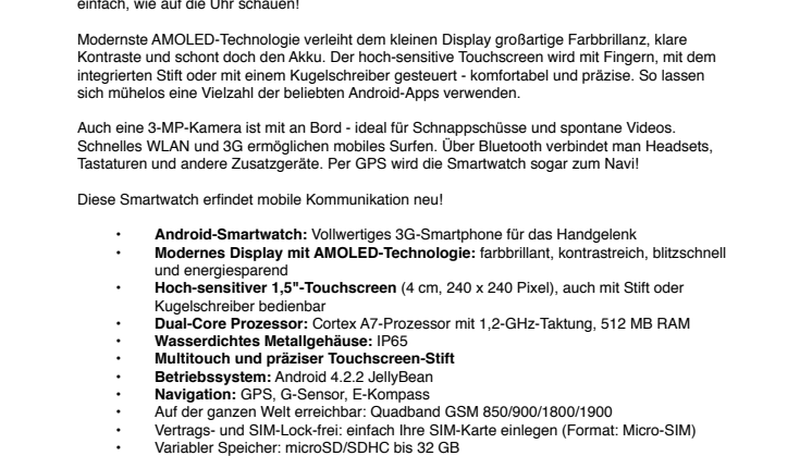 simvalley MOBILE 1.5"-Smartwatch AW-414.Go mit Android4, BT, WiFi, Cam