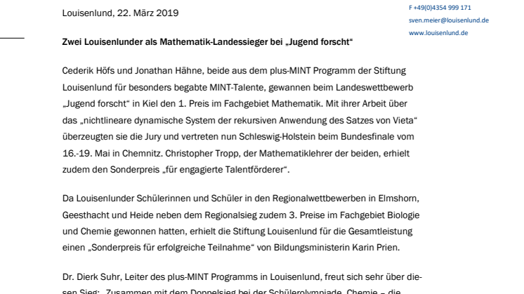 Pressemitteilung: Zwei Louisenlunder Schüler als Mathematik-Landessieger bei „Jugend forscht“
