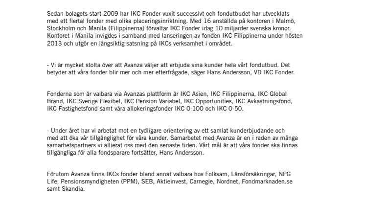 Expansion av IKCs fondutbud via Avanza