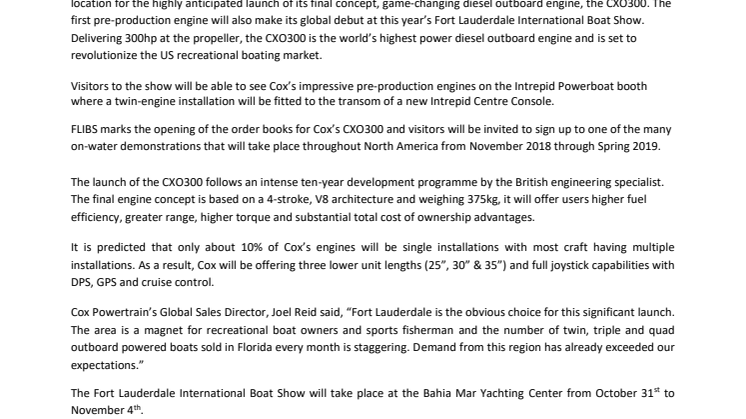 Cox Powertrain: Launch Event for Cox Powertrain's Transformative Diesel Outboard to Take Place in Fort Lauderdale