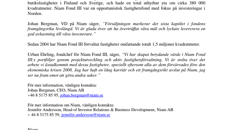 Niam säljer fastigheter i Sverige och Finland till Partners Group för 300 miljoner EUR