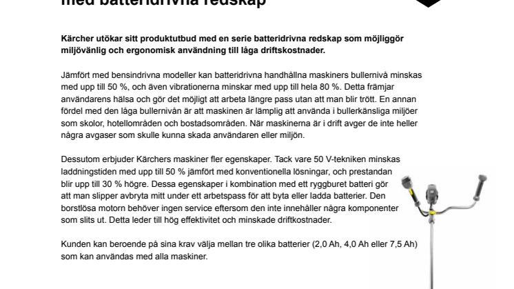 Kärcher utökar sitt produktutbud med batteridrivna redskap