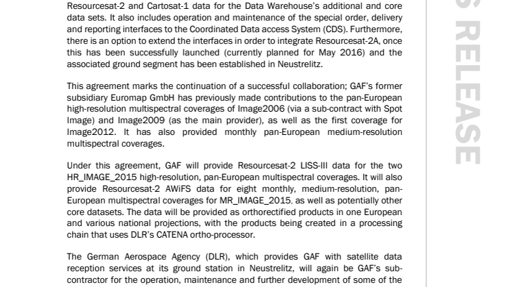 GAF and ESA sign an agreement regarding the delivery of IRS data for the Copernicus Data Warehouse 2014-2020