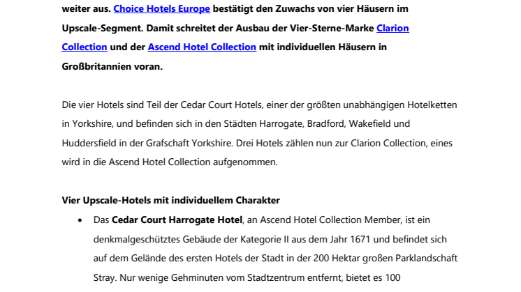 Vier Upscale-Hotels: Choice Hotels wächst in Großbritannien