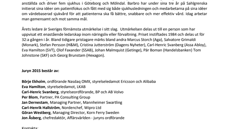 Barbro Fridén, sjukhusdirektör, Sahlgrenska Universitetssjukhuset, utsedd till Årets Ledare 2015