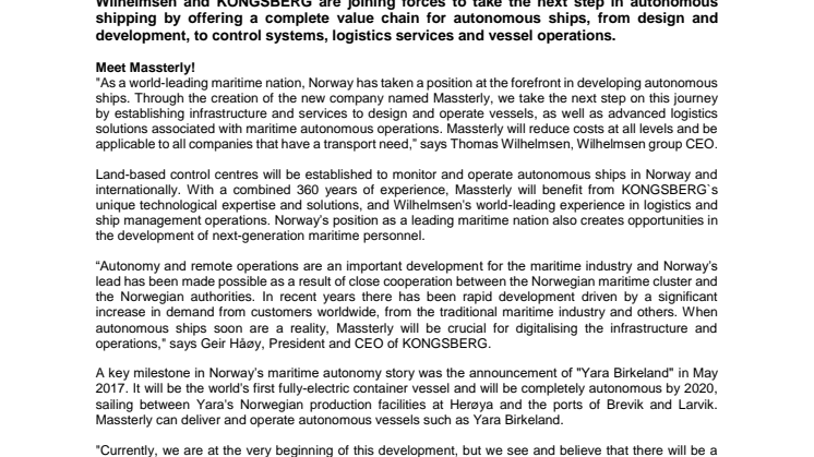 Wilhelmsen and KONGSBERG establish world's first autonomous shipping company 