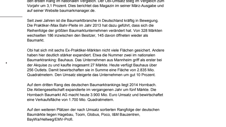 Die 30 größten Baumarktunternehmen in Deutschland 2014