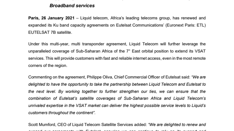 Liquid Telecom renews and expands capacity agreements on Eutelsat’s EUTELSAT 7B satellite
