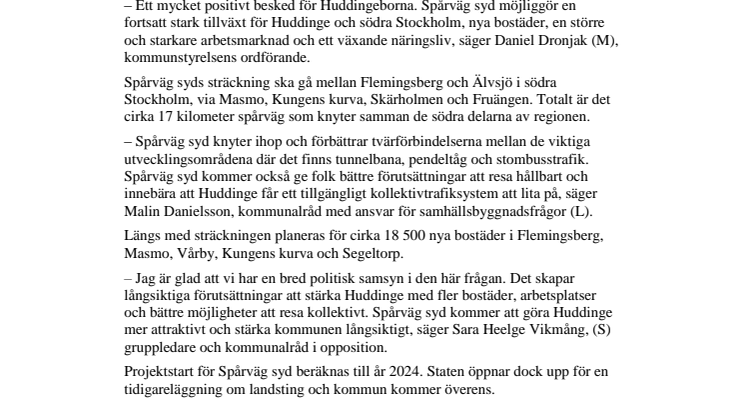 Positivt besked för Spårväg syd