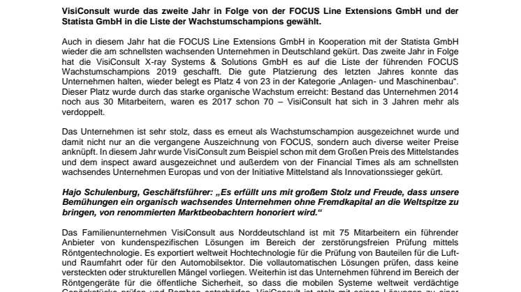 VisiConsult erneut als Wachstumschampion ausgezeichnet