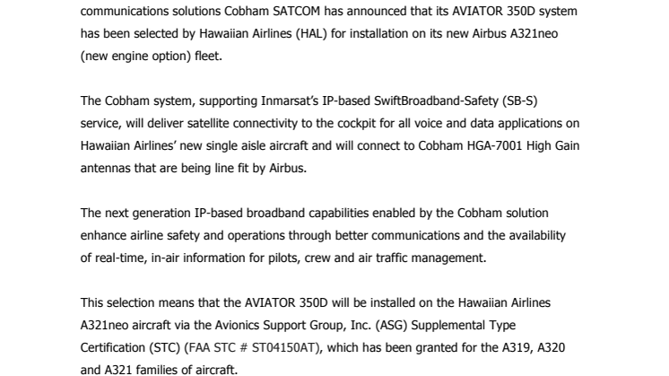 Cobham Solution Selected for Hawaiian's Airbus Fleet