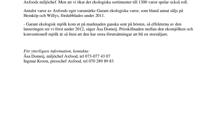 Axfoods ekologiska försäljning upp 6,3 procent