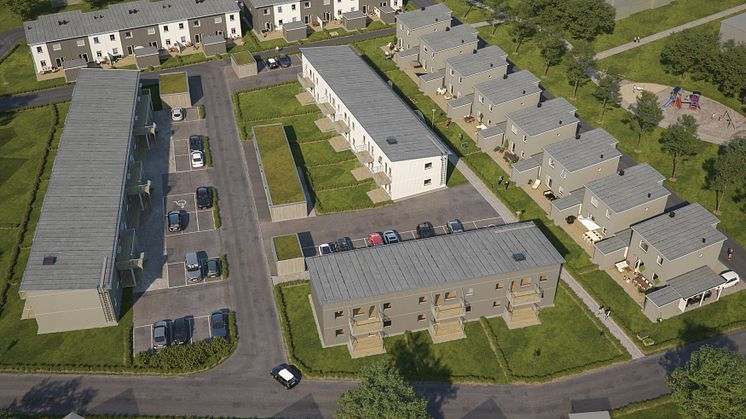 Översiktsillustration av det nya området BoKlok Kajen i Ängelholm, med radhus & kedjehus. 