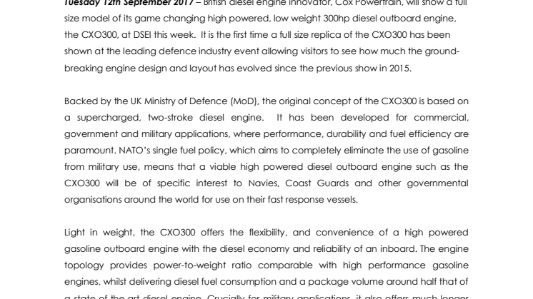 Cox Powertrain - DSEI: First Look at World's Highest Power Density Professional Diesel Outboard for DSEI Visitors