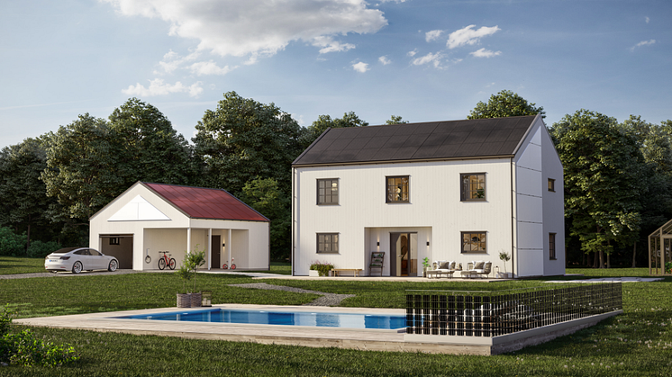 GruppSols patenterade solcellstak SMART SOLAR ROOF®, fasadpaneler, staket och laddbox pryder Fiskarhedenvillans hus ”Skymning”.