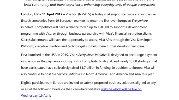 Race is on for €50,000 prize as Visa launches first ever European Everywhere Initiative 
