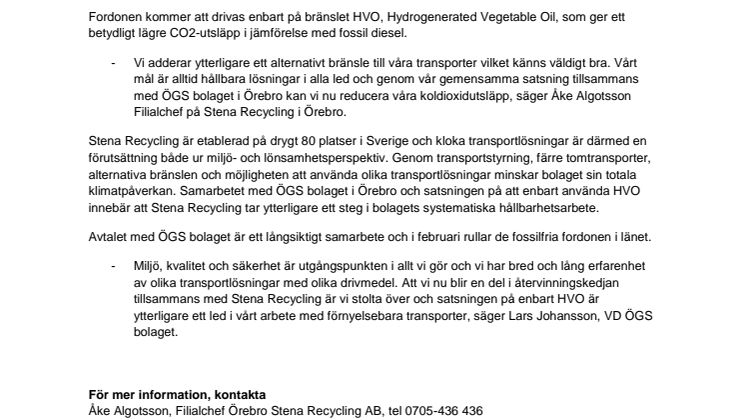 Stena Recycling satsar på fossilfria transporter i Örebro län