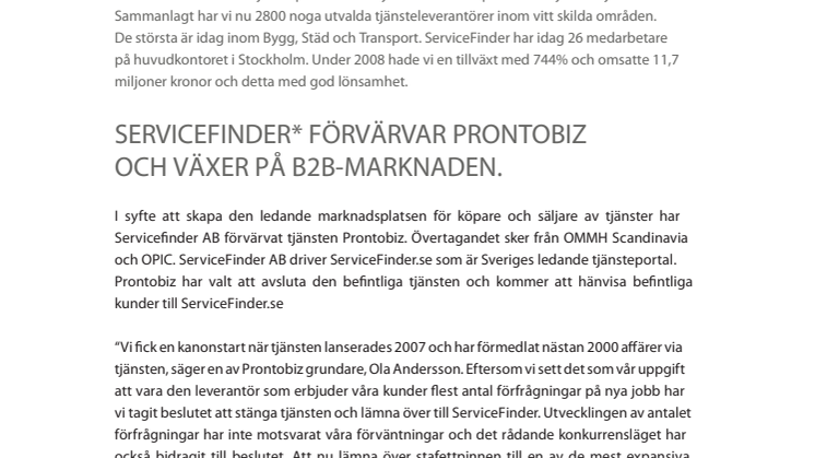 SERVICEFINDER FÖRVÄRVAR PRONTOBIZ.