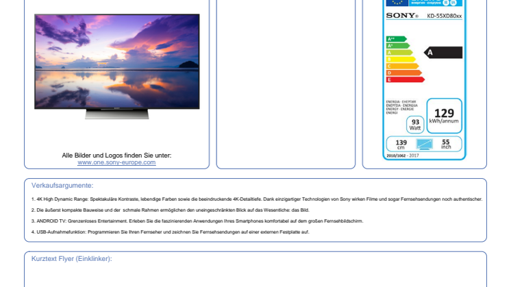 Datenblatt BRAVIA KD-55XD8005BAEP von Sony