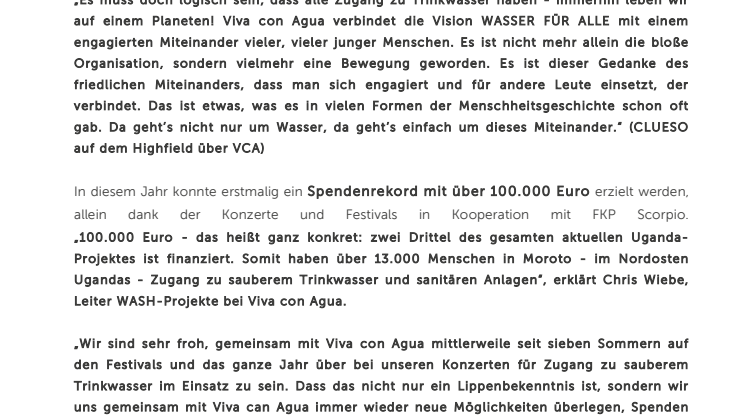 Viva con Agua erzielt Spendenrekord auf FKP Scorpio Festivals 