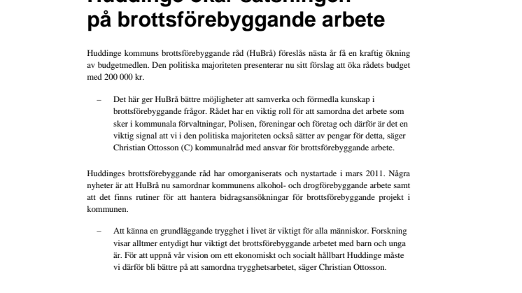 Huddinge ökar satsningen på brottsförebyggande arbete