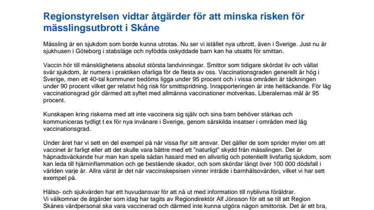 L: Region Skåne behöver långsiktig plan mot mässlingsutbrott